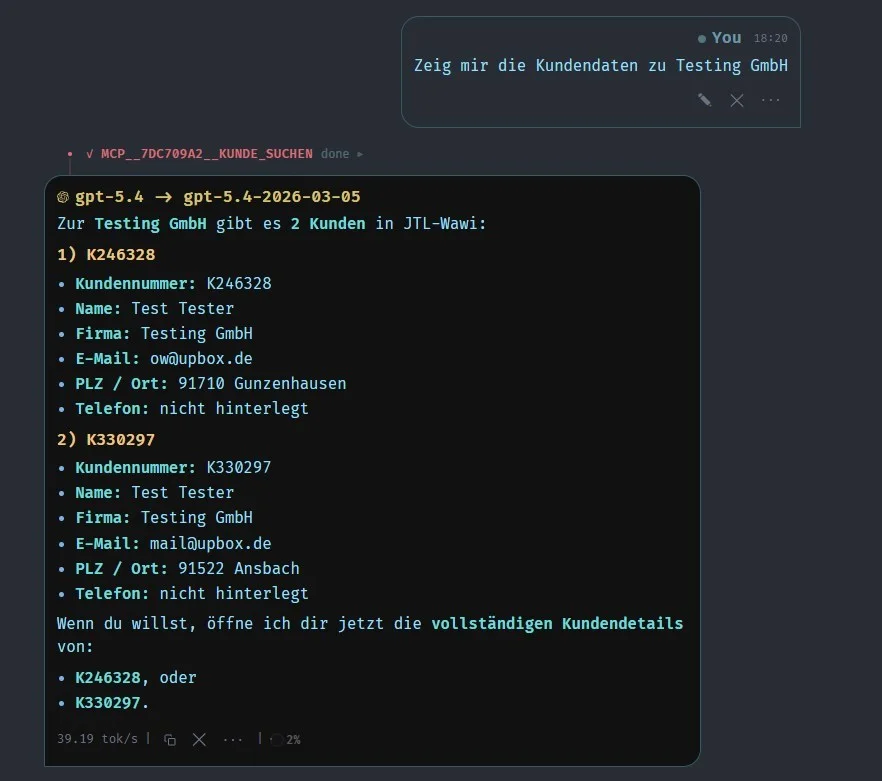MCP-Server Demo: KI beantwortet eine Kundendaten-Anfrage aus der JTL-Wawi mit Testdaten